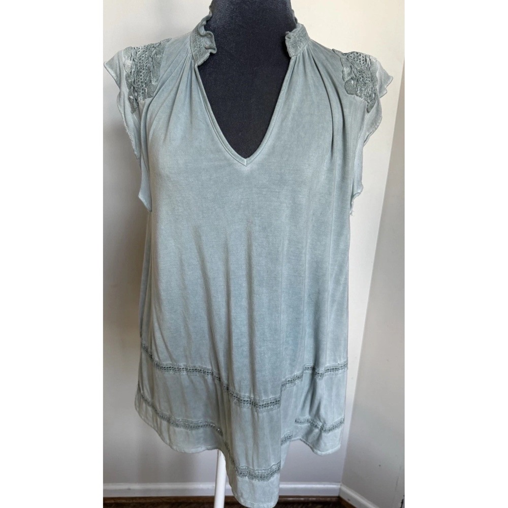 POL Sage Green Tunic Top L Embroidered Lace Boho‎ Romantic Ethereal Peasant